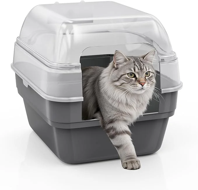 Carefully Designed Large Cat Litter Box with Transparent Lid Foldable Hooded Litter Box with Front Door Flap for Privacy Easy Clean Non-Sticky Litter Box with Intelligent Deodorizing 21.6 L x 17.8 W x 17.3 H About ThisOverview Durable