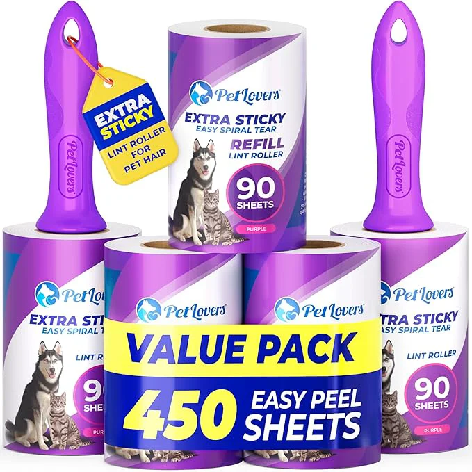 Elite PetLovers Extra Sticky Lint Roller Mega Value Set 450 Sheets for Pet Hair Removal and Clothes Dog and Cat Lint Remover 5 Pack PurpleAbout ThisOverview Safe