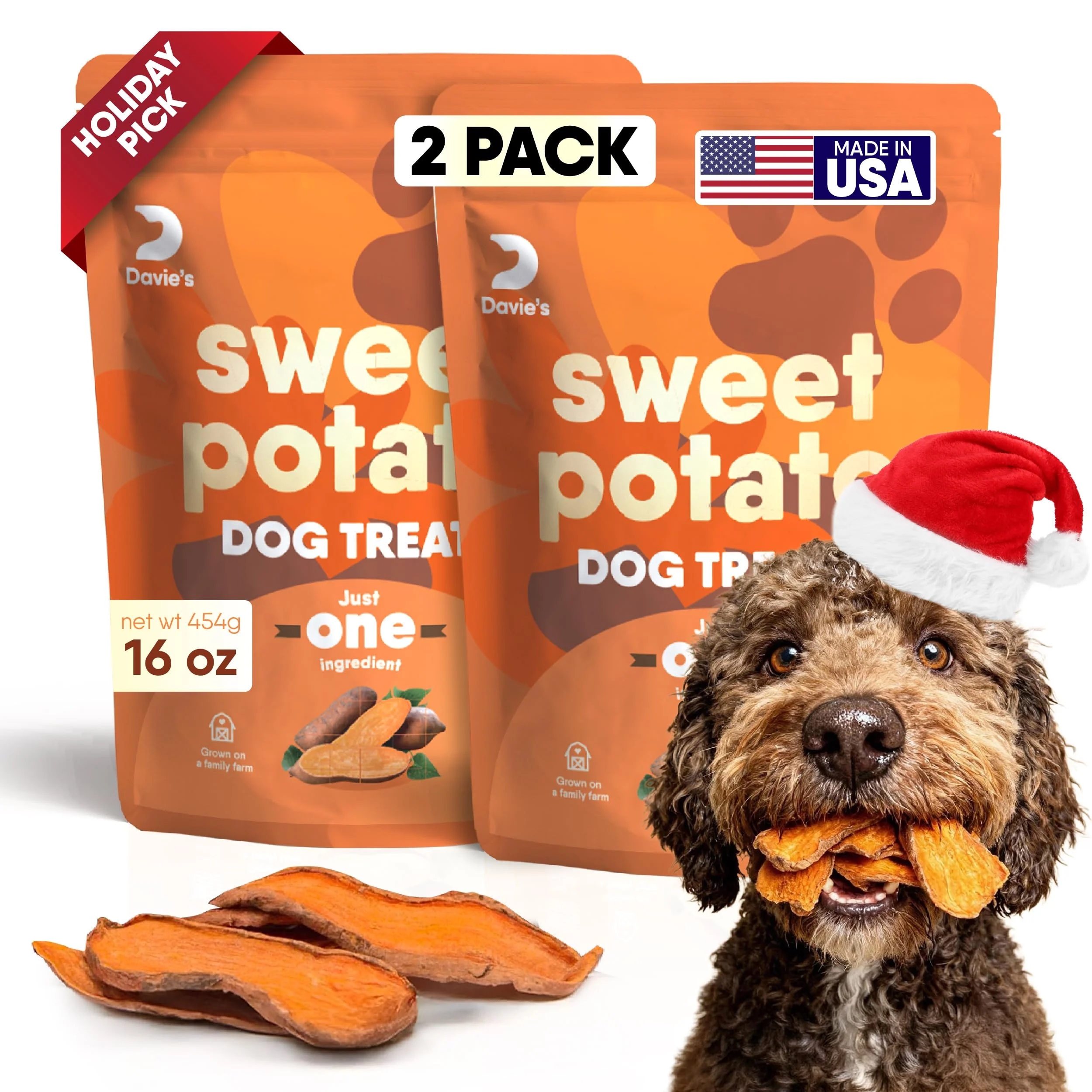 Recyclable Davie's Naturals Sweet Potato Dog Treats - Pack of 2 1 lb Bags USA Made Low Fat Grain- Single-Ingredient