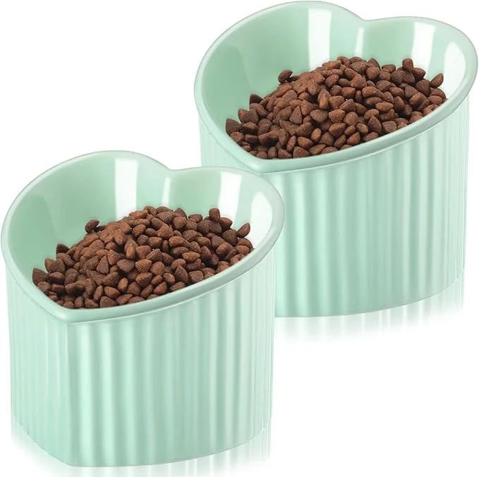 Carefully Designed Mumufy 2 Pcs Ceramic d Cat Bowls Tilted d Raised Pet Bowls Anti Vomit Cat Dish for Indoor Stress Water Dish Feeder for Puppies Heart Shaped Grass Green About ThisOverview Minimalist