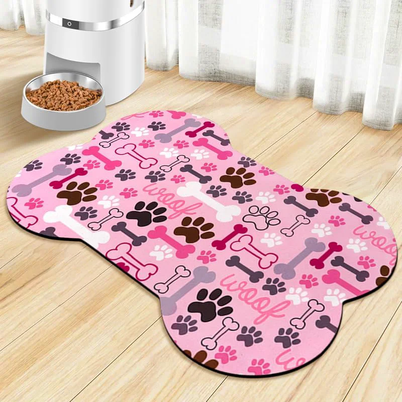 Trendy Dog Food Mats for Floors Waterproof Pet Feeding Absorbent Water Bowl Mat Cat Placemats Pink Bone Shape 23.6 15.7 inch Secure