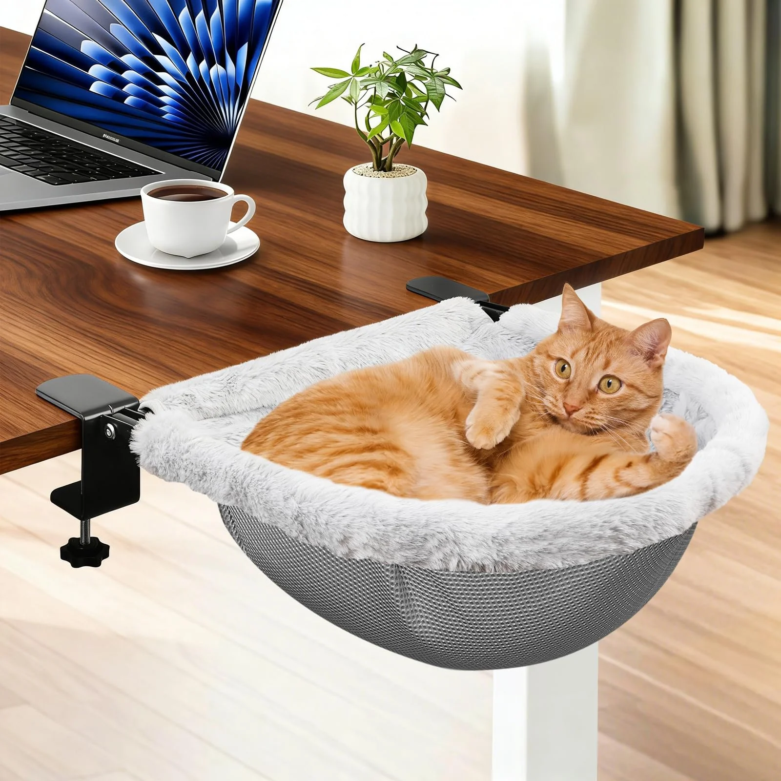 Clean JinxZap X-Large Cat Desk Bed – 19x15 Dual-Clamp Sunken Hammock Faux Rabbit Fur Holds 40lbs First-Class