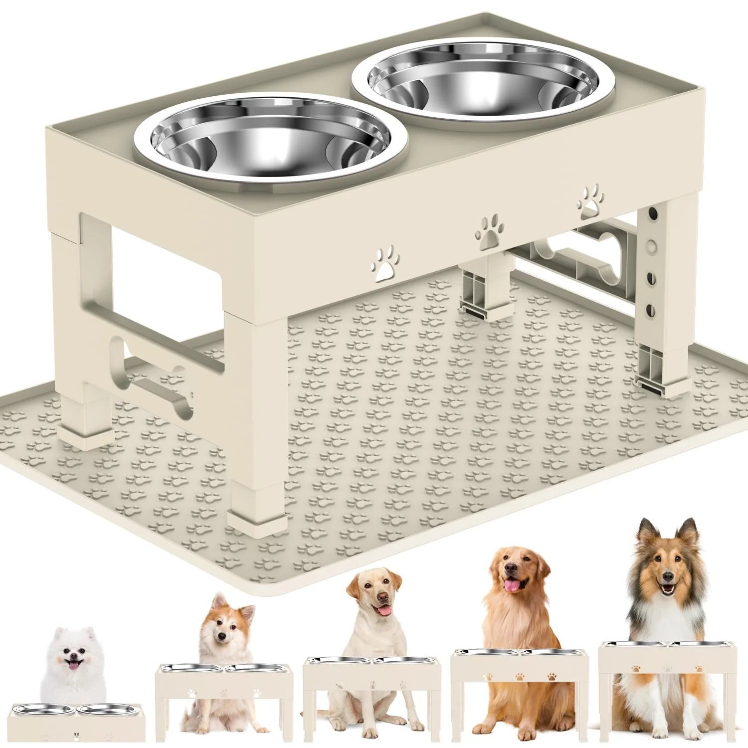 Trendy LAKIPETN d Dog Bowls with Mat Raised Dog Food Bowl Stand with 2 Stainless Steel Bowls 5 Height Adjustable 3.1 9 10 11 12 Non-Slip Feeder Set for Medium and Large Dogs – Apricot Contemporary