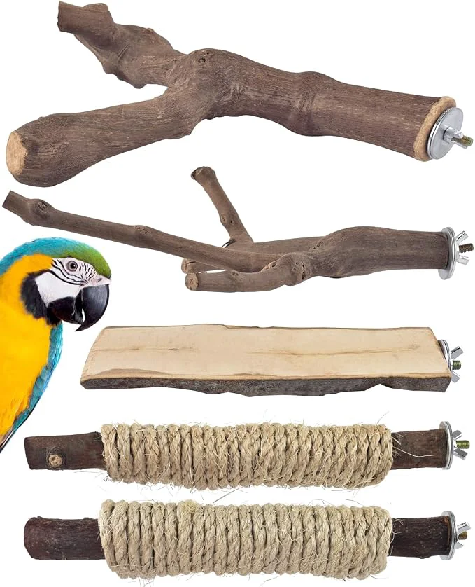 Classic Bissap 5PCS Large Bird Perch Stand Natural Wood Pole Standing Paw Grinding High-Grade