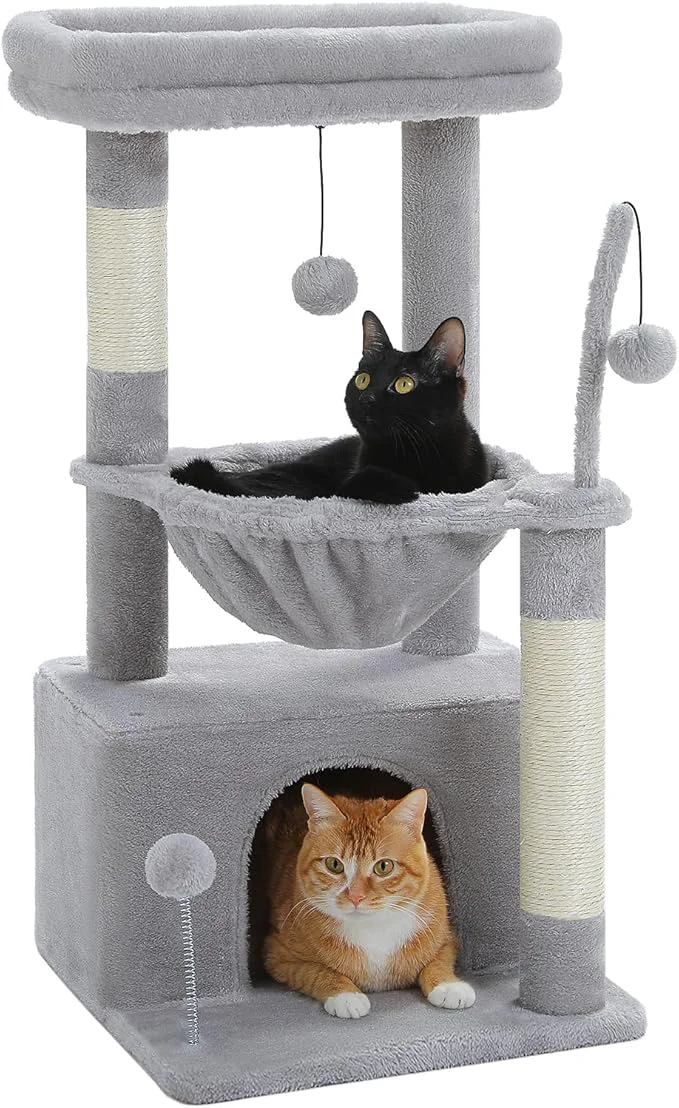 Authentic PEQULTI 4-in-1 Cat Tree 33'' Cat Tower for Indoor Cats with Large Cat Condo Scratching Post for Cats with Deep Hammock Cozy Top Perch GreyAbout ThisOverview Reusable