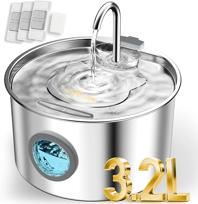 Unique 108oz 3.2L Stainless Steel Cat Water Fountain with Detachable Tank Easy to Clean Assemble Pet Drinking Dispenser with Quiet Operation LED Light Gifts for Cats Dogs and Small PetsAbout ThisOverview Artisan