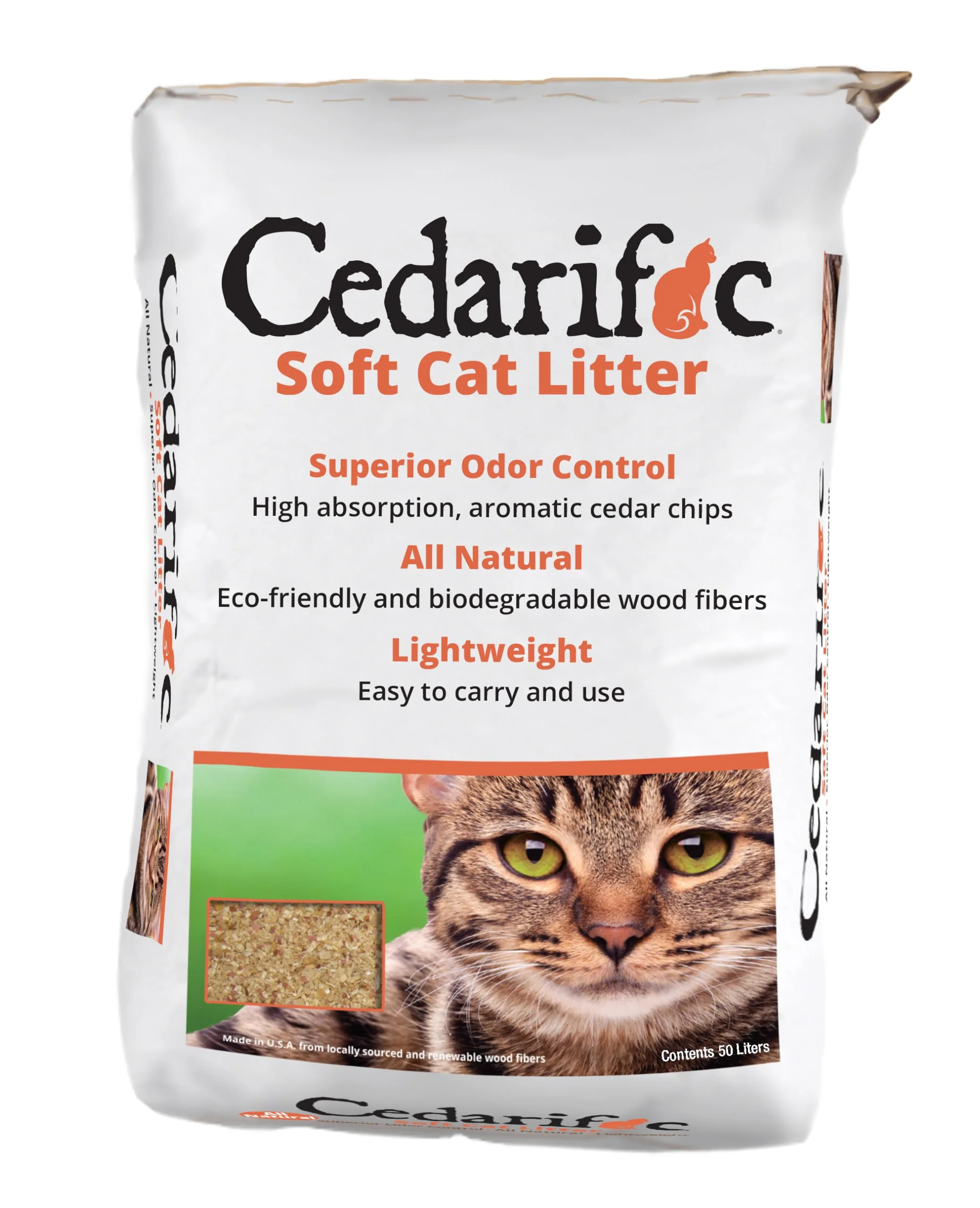 Elegant Cedarific Natural Cedar Chips Cat Litter - 50L Bag Reclaimed Wood Fiber No Chemicals Refined