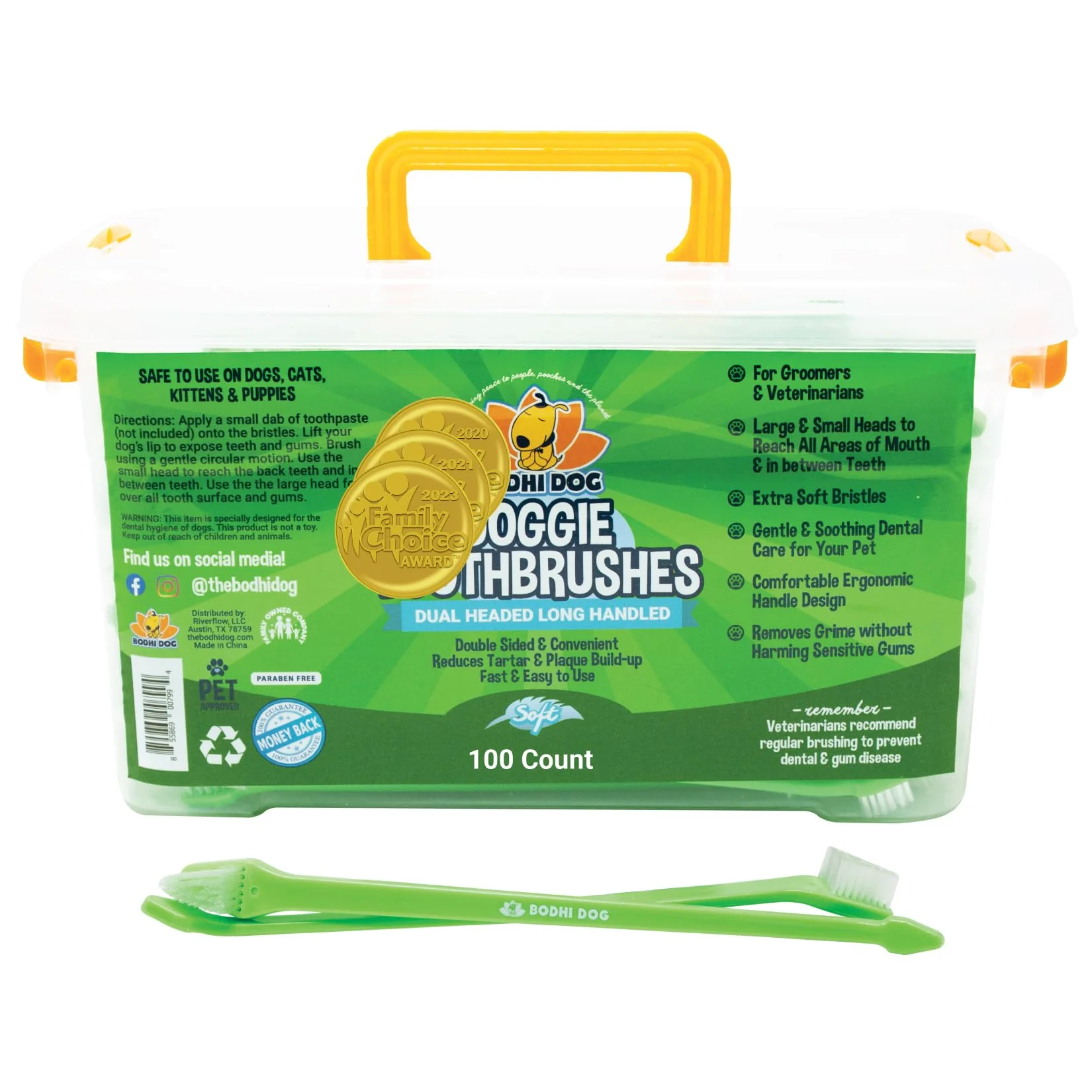 Green Bodhi Dog Dual-Headed Toothbrush for Dogs Cats – Gentle Soft Bristles 100 Count Official