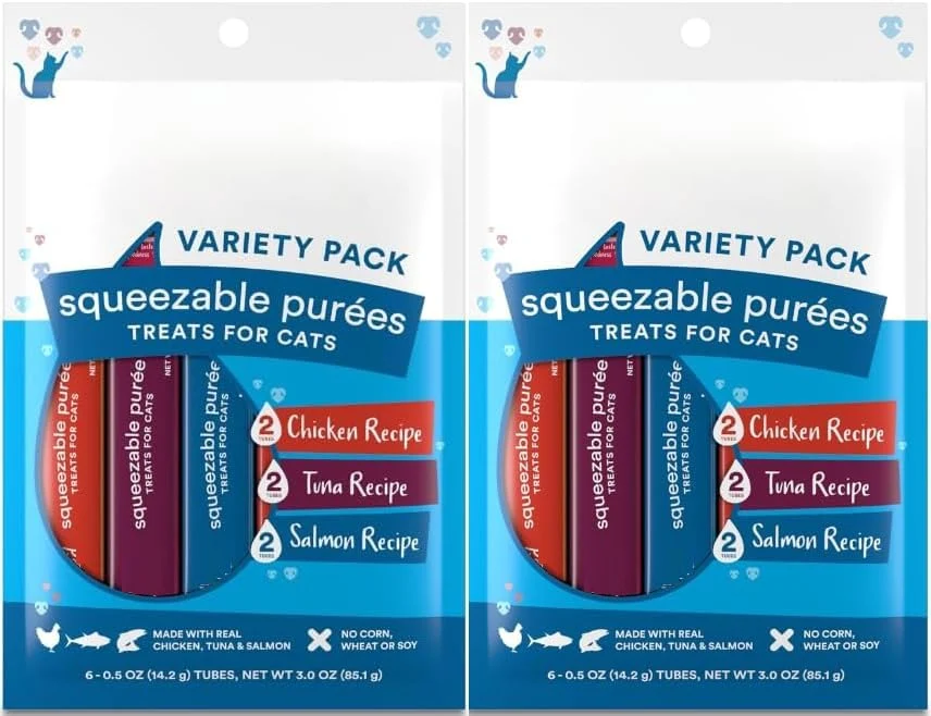 Clean Generic Squeezable Puree Cat Treats Variety Pack – 12 Tubes Chicken Tuna Salmon High Protein Grain- Crafted