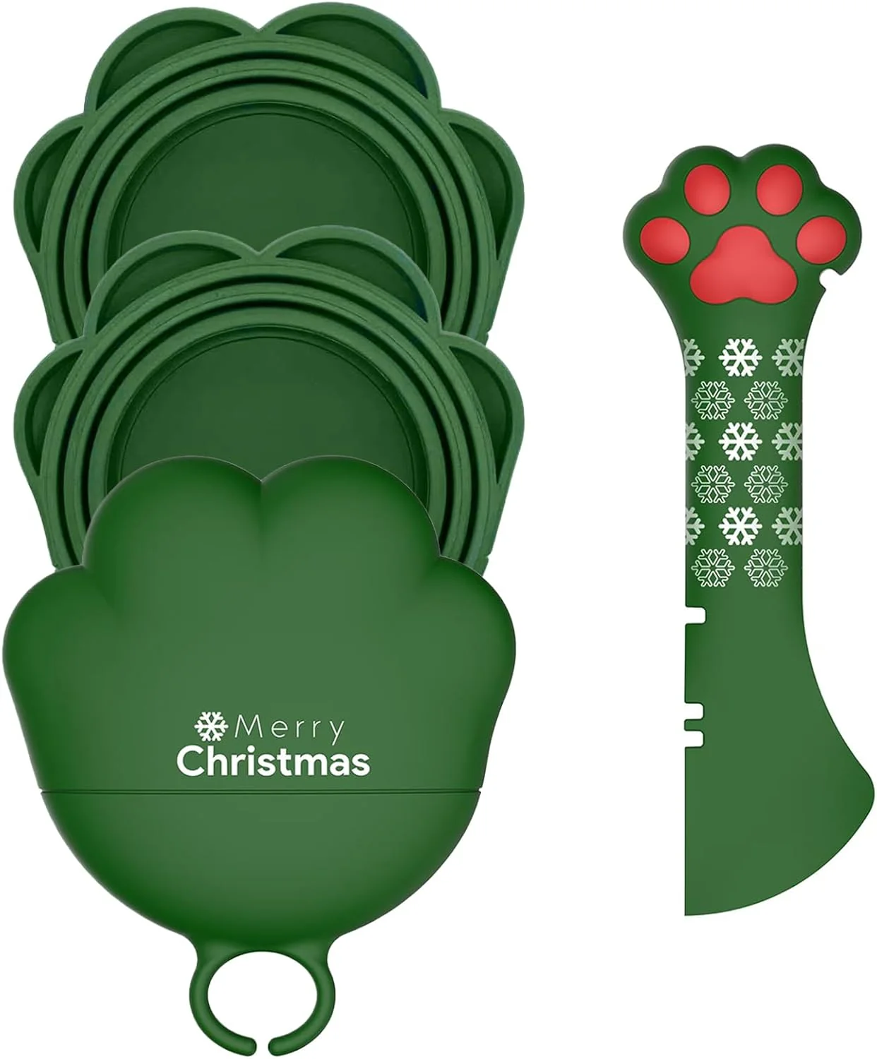 Elite Christmas Pet Set - 3 Cat Food Can Lids 1 BPA- Opener Cute Paw Shape Can Covers and Opener Spatula Spoon for Wet Food Silicone Spoon Covers for Dog Cat - Paw Green Modern