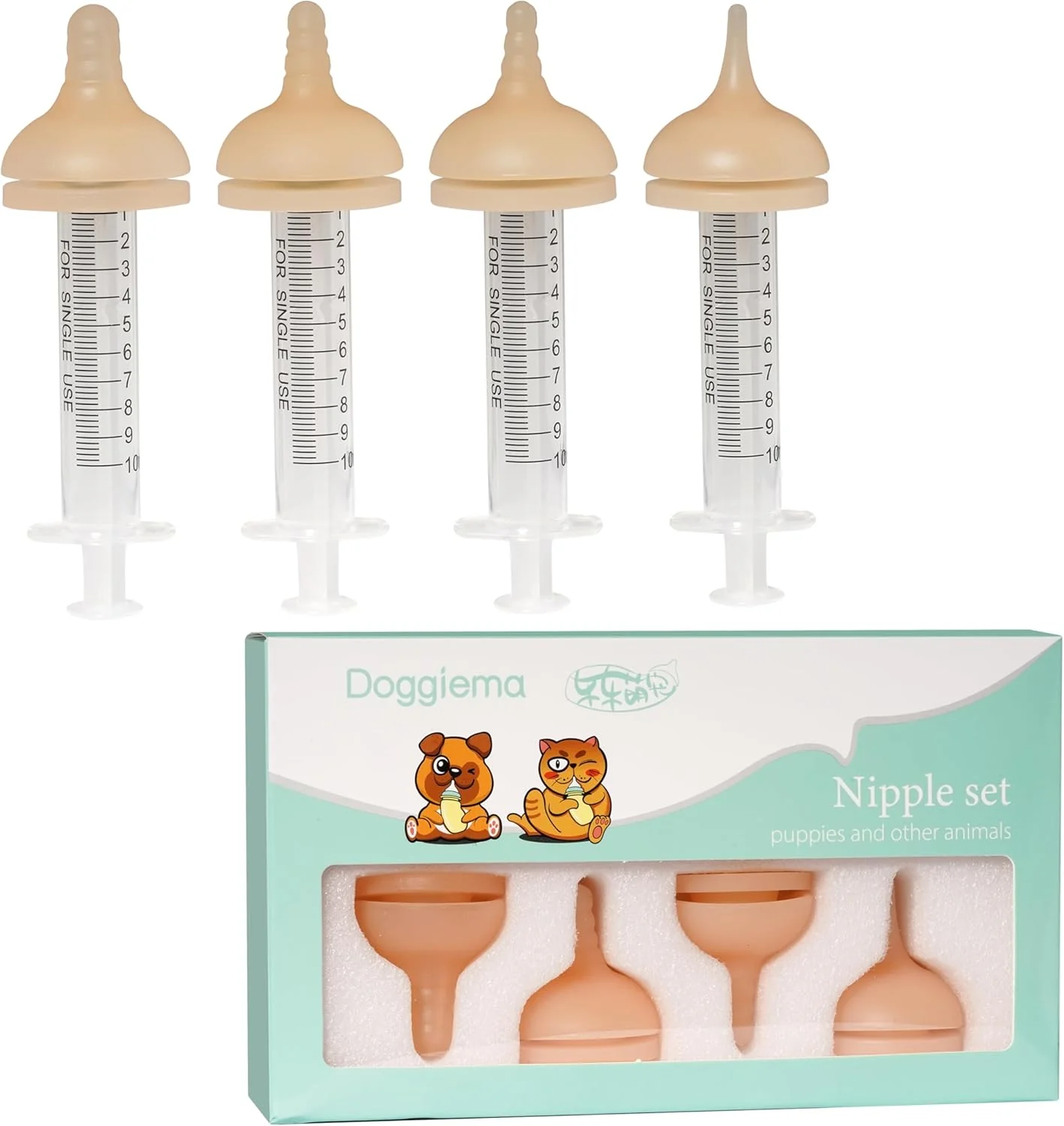 Safe Silicone Feeding Nipple and Syringes for All Breed of Puppies and Other Animals Dongdong pet 4 Size Nipple 6 Syringes Casual