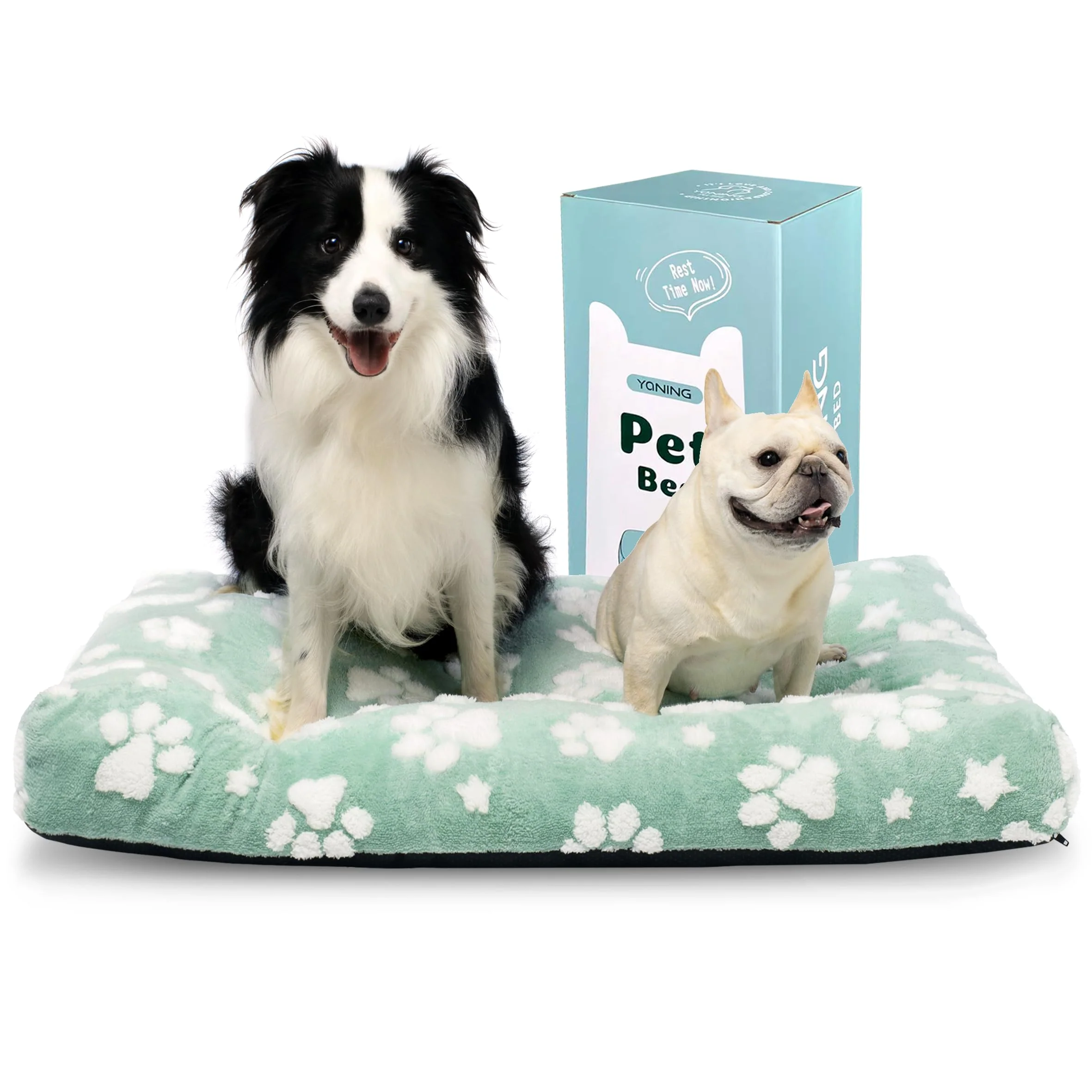 Durable Yaning Extra Large Dog Bed 41x28 in Green Paw – Plush Washable Cover Anti-Slip Stylish