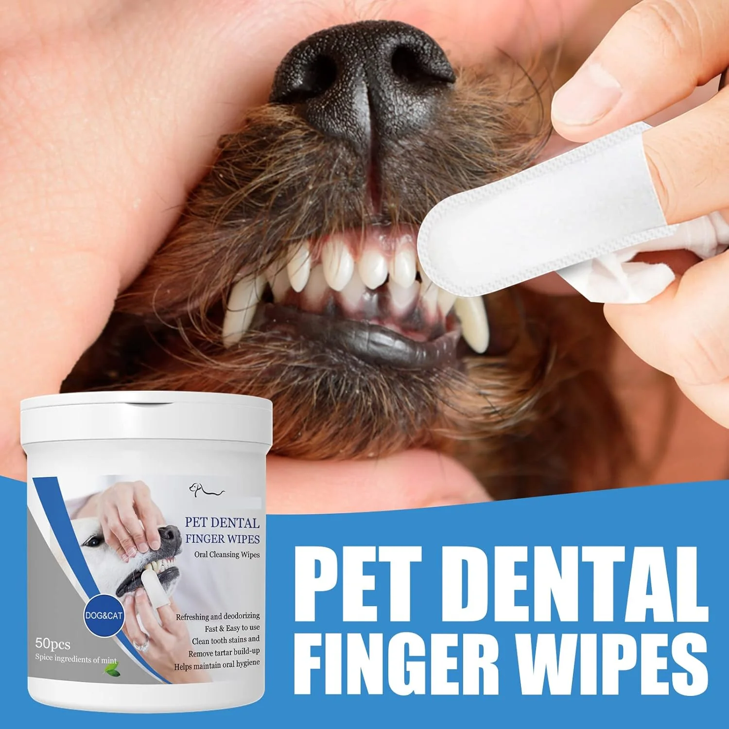 Convenient Pet Dental Finger Wipes Oral Cleansing Teeth Care Finger Cots Wipes Pads for Dogs and Cats Optimize Oral Health Reduces Plaque Freshen Breath - 50 Wipes Comfortable