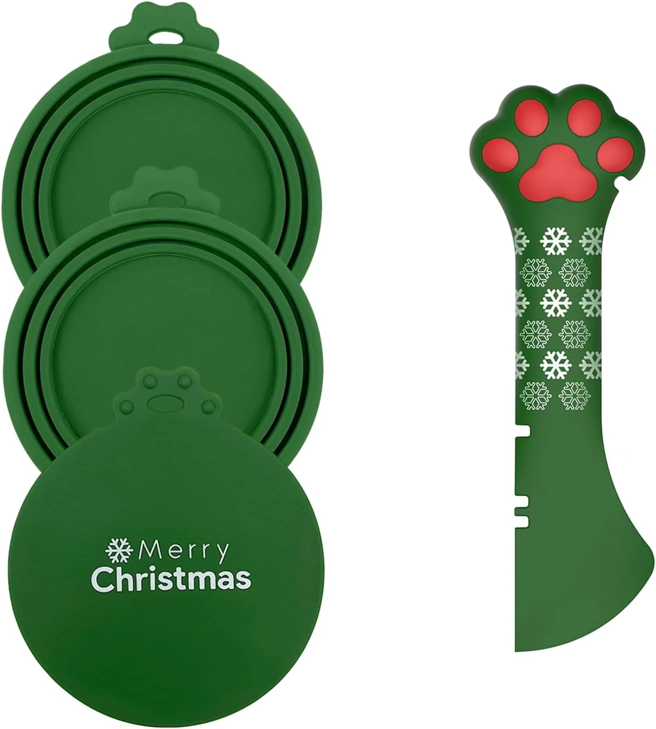 Reliable Christmas Pet Set - 3 Cat Food Can Lids 1 BPA- Can Opener Cute Paw Shape Opener Spatula Spoon for Wet Food Silicone Spoon Covers for Dog Cat - Christmas Green Premium