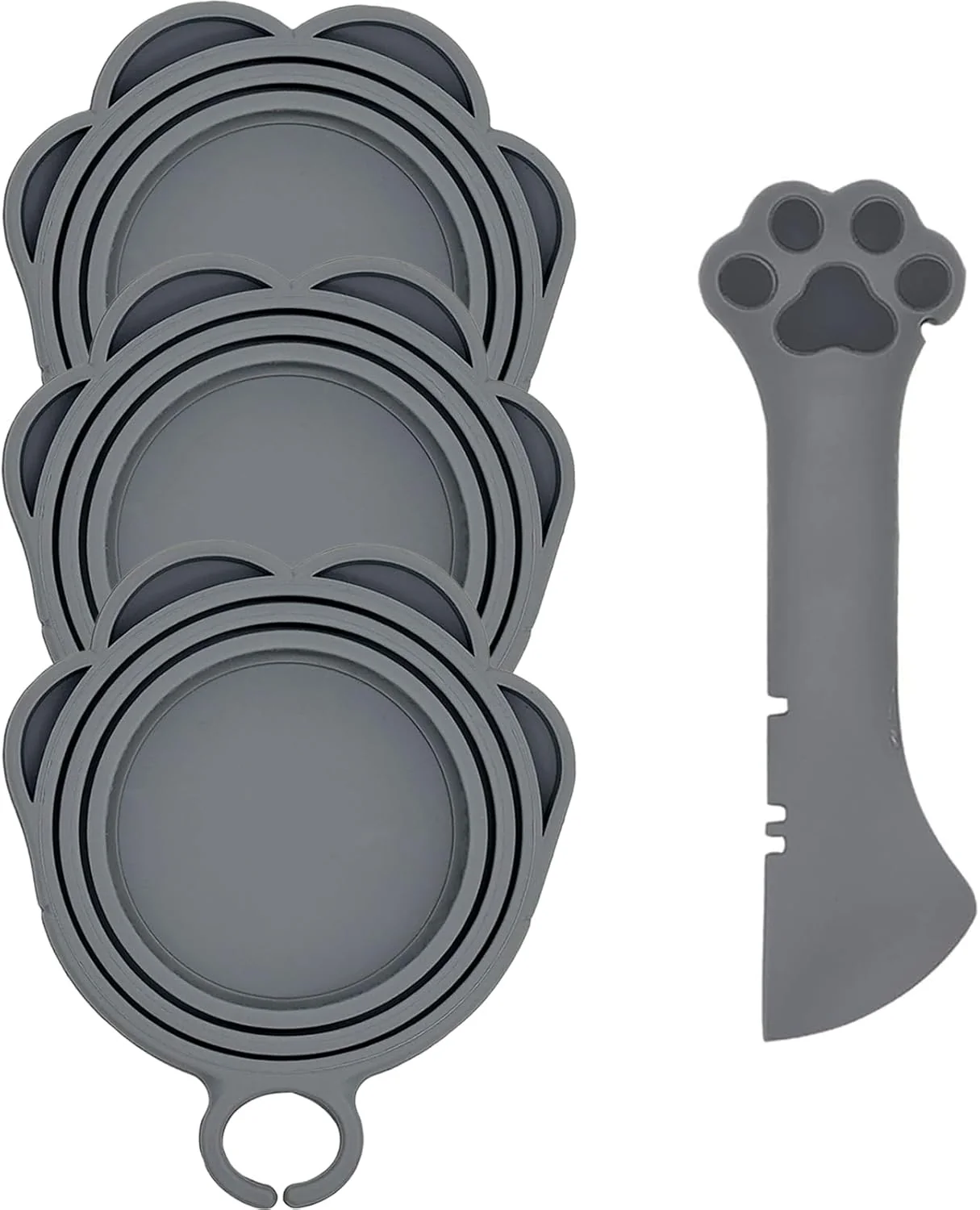 Flexible 3 Pcs Cat Food Can Covers One Can Opener Cute Paw Shape Can Covers and Opener Spatula Cat Wet Food Spoon Universal BPA Silicone Can Food Spoon Covers for Dog Cat Cans Grey Unique