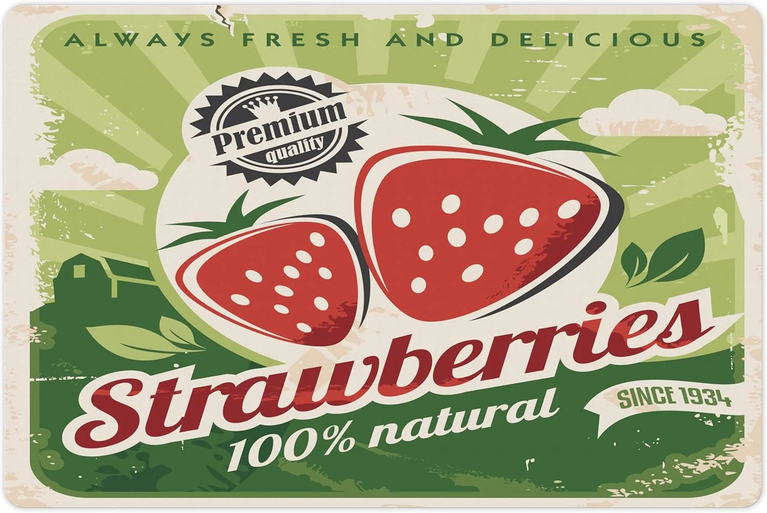 Reusable Lunarable Strawberry Pet Mat for Food and Water Farmers Market Poster Design with Grunge Worn Out Effect Non-Slip Rubber Mat for Dogs and Cats 18 X 12 Red Green Artisan
