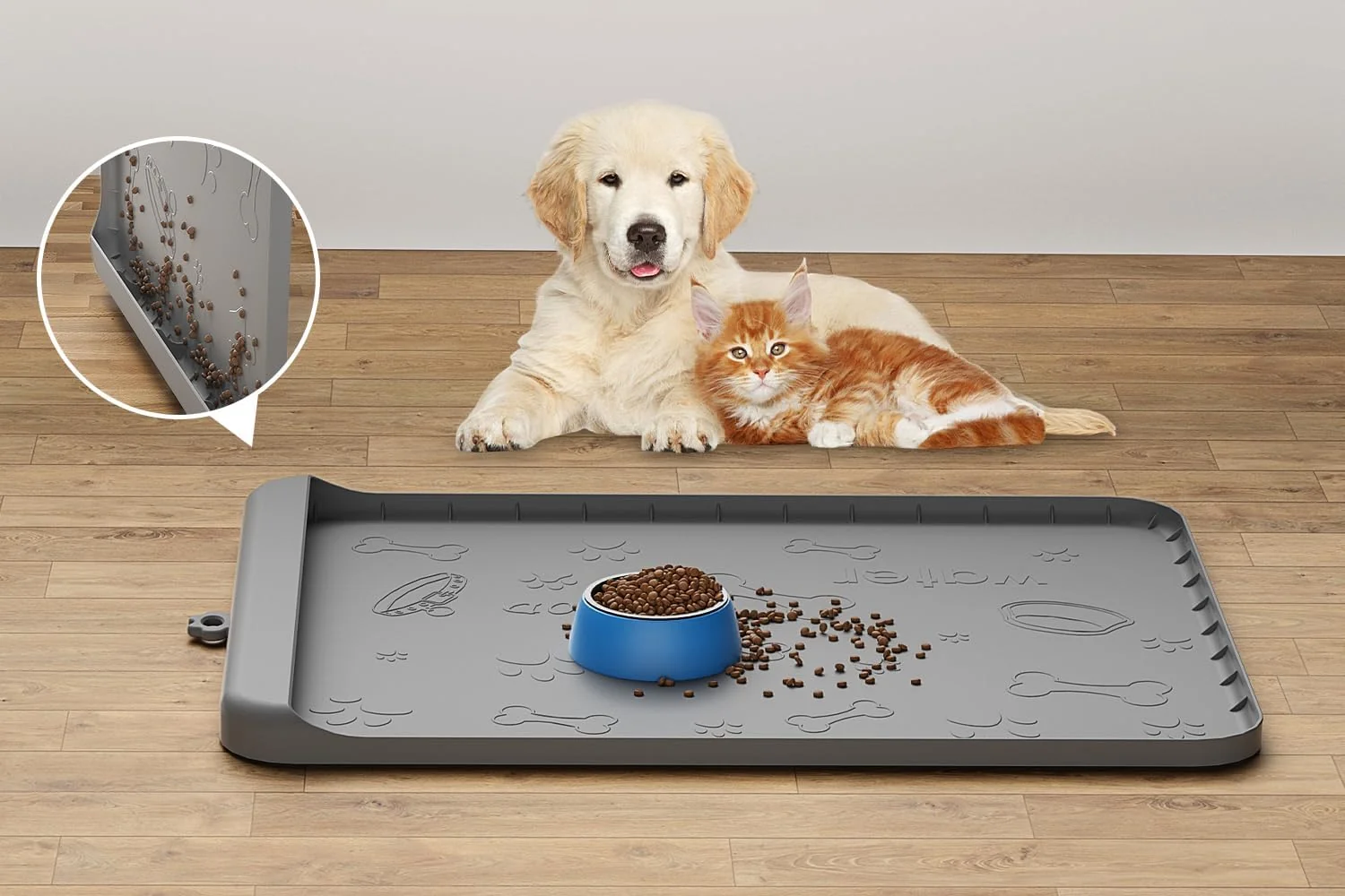 Artisan Dog Food Mat - Silicone Dog Mat for Food and Water - 28 x 20 Pet Feeding Mats with Residue Collection Pocket - Waterproof Dog Cat Bowl Mat with High Edges to Prevent Water Food Spills Gray High-Quality
