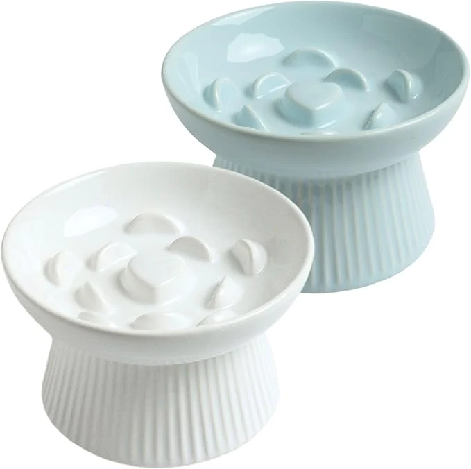 User-Friendly 2 Pack Ceramic Slow Feeder Cat Bowl Raised Puzzle Feeder Anti-Vomiting d Food Bowl Whisker Friendly White Blue About ThisOverview Reusable