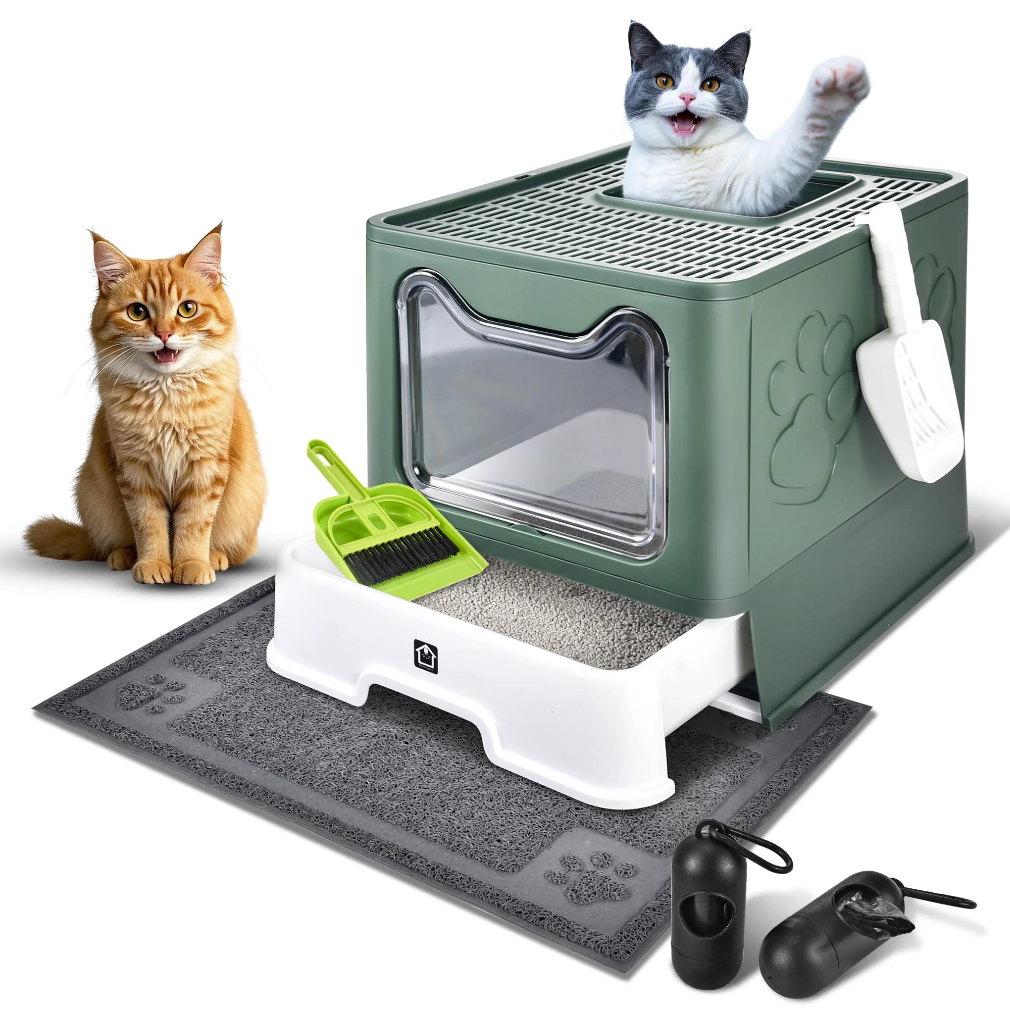 Authentic HOO Foldable Extra-Large Cat Litter Box with Drawer Litter Mat – Odor Control High-Performance