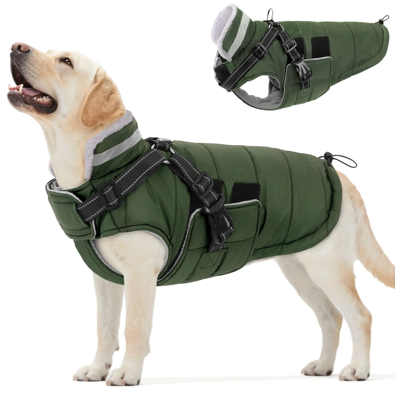 Expertly Made Queenmore Large Dog Coat with Built-In Harness Winter Waterproof Puffer Jacket with Fleece Lining – Green Size L Elite