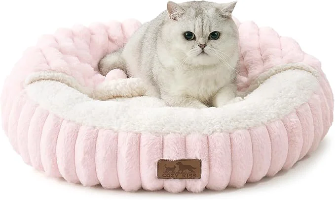 Traditional Cat Bed with Hooded Blanket Round Fluffy Anti-Anxiety Pet Bed for Cats Small Dogs Cozy Donut Cuddler with Machine Washable Faux Fur Anti-Slip Bottom 23 ×23 ×6 Pink About ThisOverview High-Performance