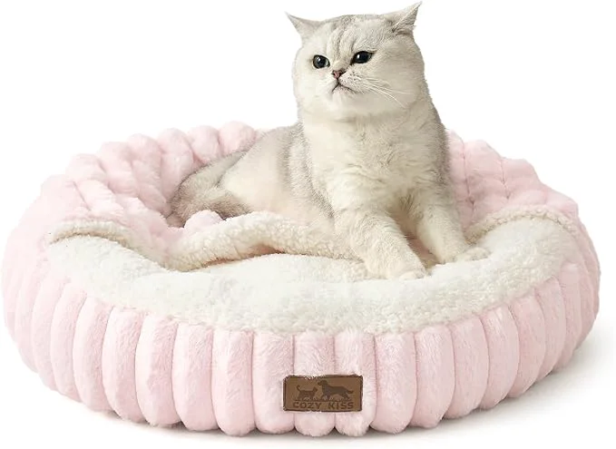 Sophisticated Cat Bed with Hooded Blanket Round Fluffy Anti-Anxiety Pet Bed for Cats Toy Breed Dogs Cozy Donut Cuddler with Machine Washable Faux Fur Anti-Slip Bottom 20 ×20 ×6 Pink About ThisOverview Natural