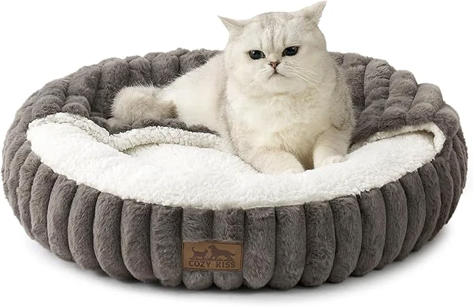 Elite Cat Bed with Hooded Blanket Round Fluffy Anti-Anxiety Pet Bed for Cats Small Dogs Cozy Donut Cuddler with Machine Washable Faux Fur Anti-Slip Bottom 23 ×23 ×6 Grey About ThisOverview Modern