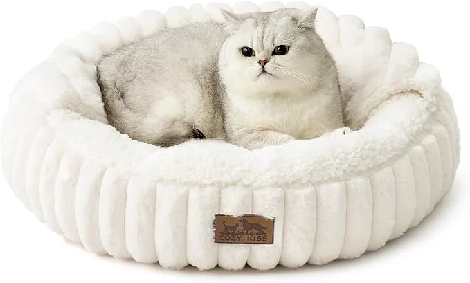 Certified Cat Bed with Hooded Blanket Round Fluffy Anti-Anxiety Pet Bed for Cats Small Dogs Cozy Donut Cuddler with Machine Washable Faux Fur Anti-Slip Bottom 23 ×23 ×6 Cream About ThisOverview Casual