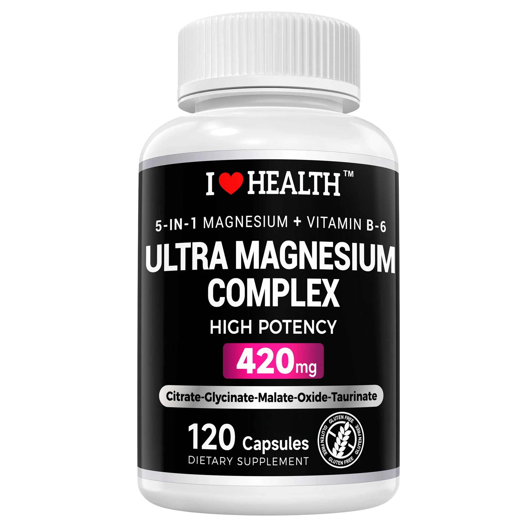 Proven 5-in-1 Magnesium Complex Vitamin B6 Supplement - 420MG - High Absorption Magnesium Supplement for Sleep Nerves Muscles Bones 120 Capsules Clean