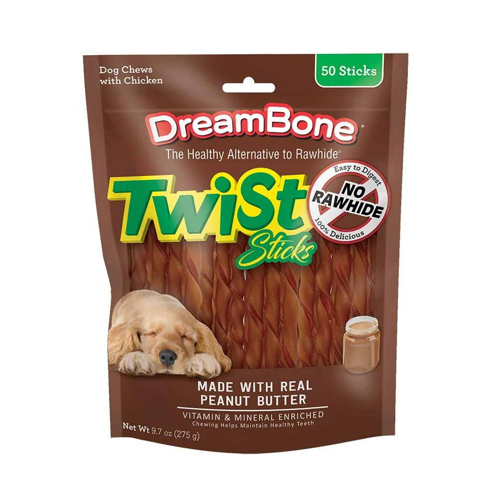 Comfortable DreamBone Twist Sticks Chews for Dogs – Rawhide- Peanut Butter Chicken 50 Sticks Prestigious