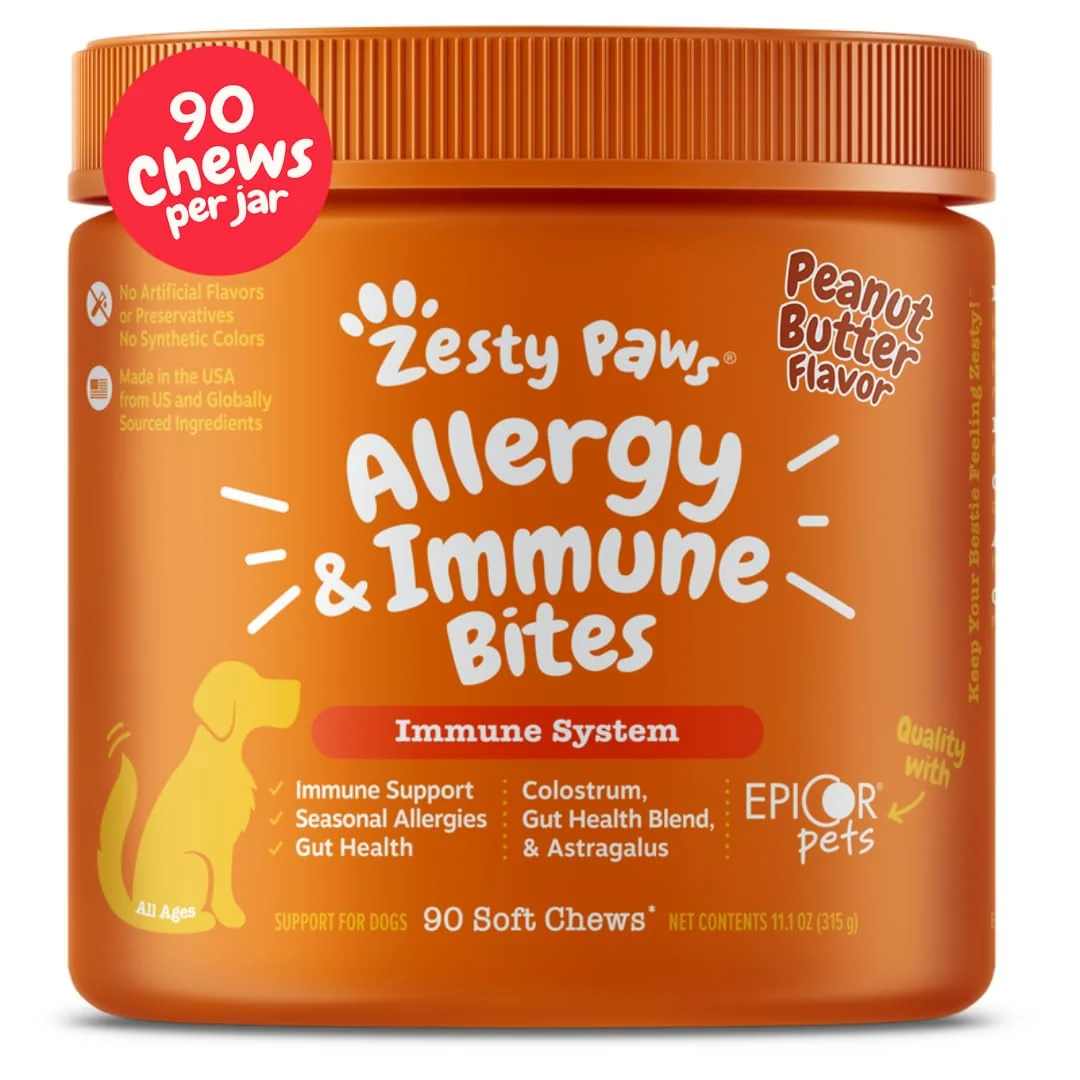 Breathable Zesty Paws Dog Allergy Relief Chews – Probiotics for Itchy Skin Ears Peanut Butter 90 Count Proven