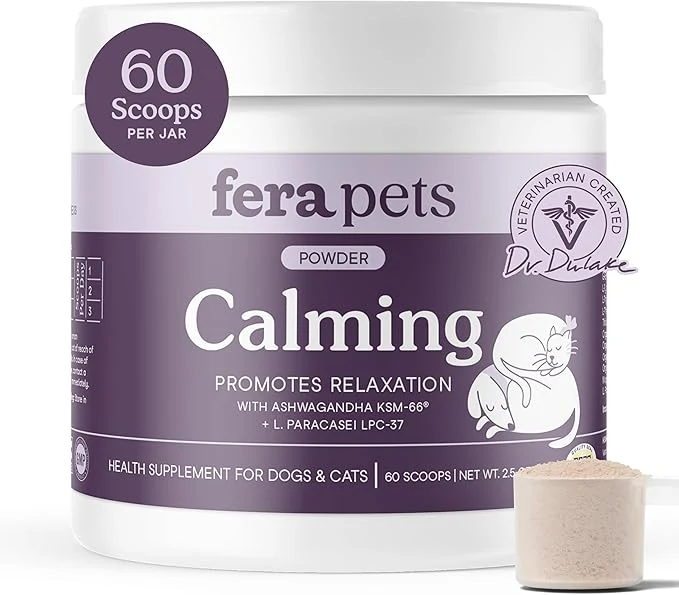 Comfortable Fera Pets Calming Supplement for Dogs Cats with Probiotics L-Theanine and Ashwagandha - Supports Anxiety Relief - Promotes Relaxation - 60 ScoopsAbout This Unique