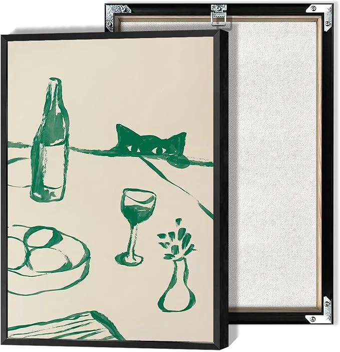 Comfortable Sneaky Cat Wine Wall Art Funny Kitchen Animal Poster Whimsical Pet Wall Decor Abstract Scandi Dinner Sketch Prints Painting For Living Room Dining Room Wall Decor 16x24in FramedAbout This Fine Crafted