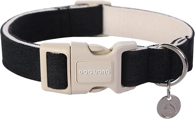 Advanced DOGWONG Cotton Hemp Dog Collar Heavy-Duty Black Dog Collar Adjustable Soft Carefully Designed