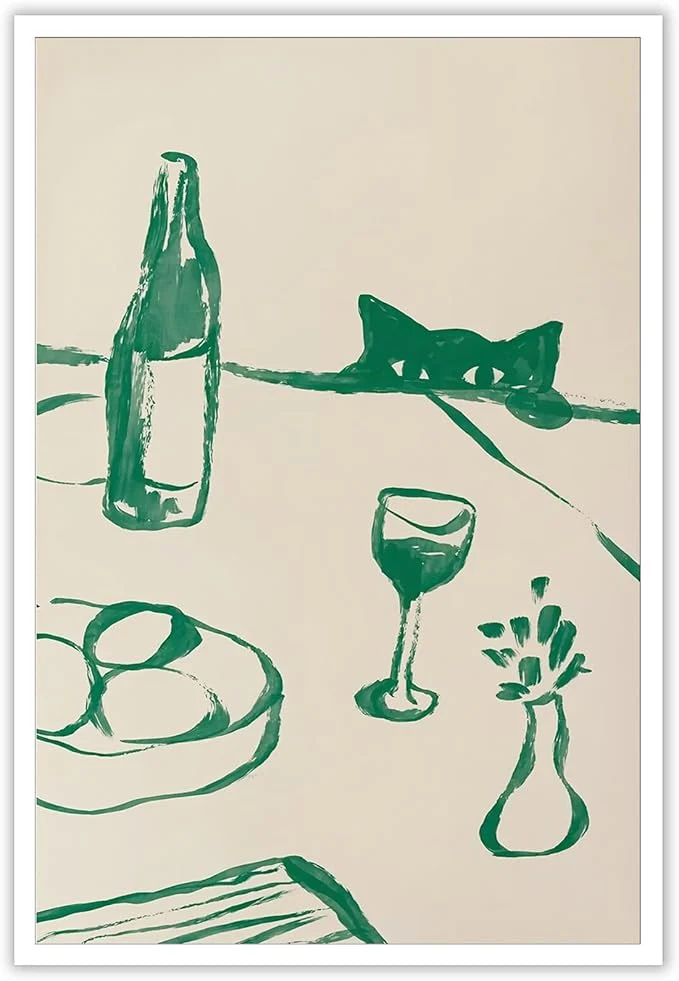 Elegant Sneaky Cat Wine Wall Art Funny Kitchen Animal Poster Whimsical Pet Wall Decor Abstract Scandi Dinner Sketch Prints Painting For Living Room Dining Room Wall Decor 8x12in UnframedAbout This Secure