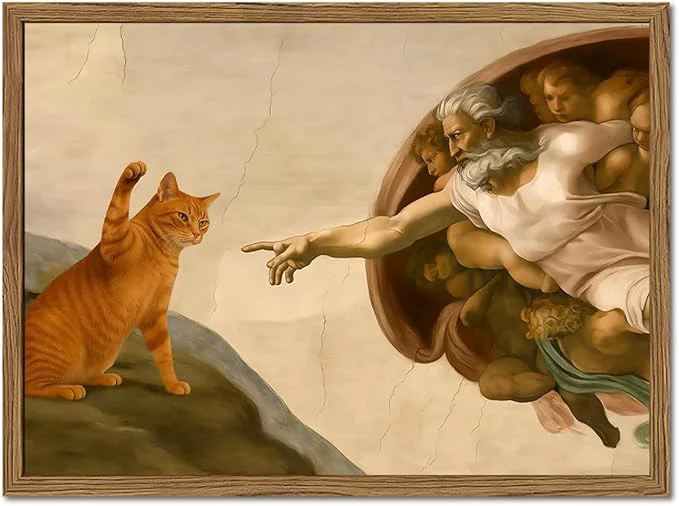 Fine Funny Creation of Adam and Cat Wall Art Whimsical Cat and God Wall Decor Painting Quirky Michelangelo and Animal Poster Canvas Print for Bedroom Living Room 12x16 inch Wood FramedAbout This First-Class