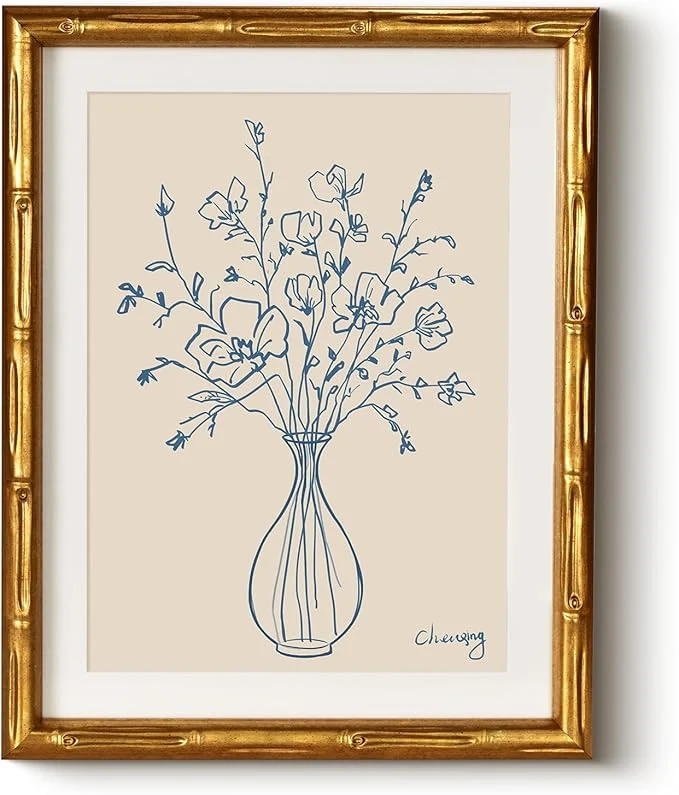 Selected HUARCEY Botanical Blue Line Art 11x14 Inch Minimalist Flower Vase Print Gold Bamboo-Textured Frame Modern Canvas Art for Living Room Bedroom Bathroom Neutral Floral Home Office Gallery Wall DecorAbout This Organic