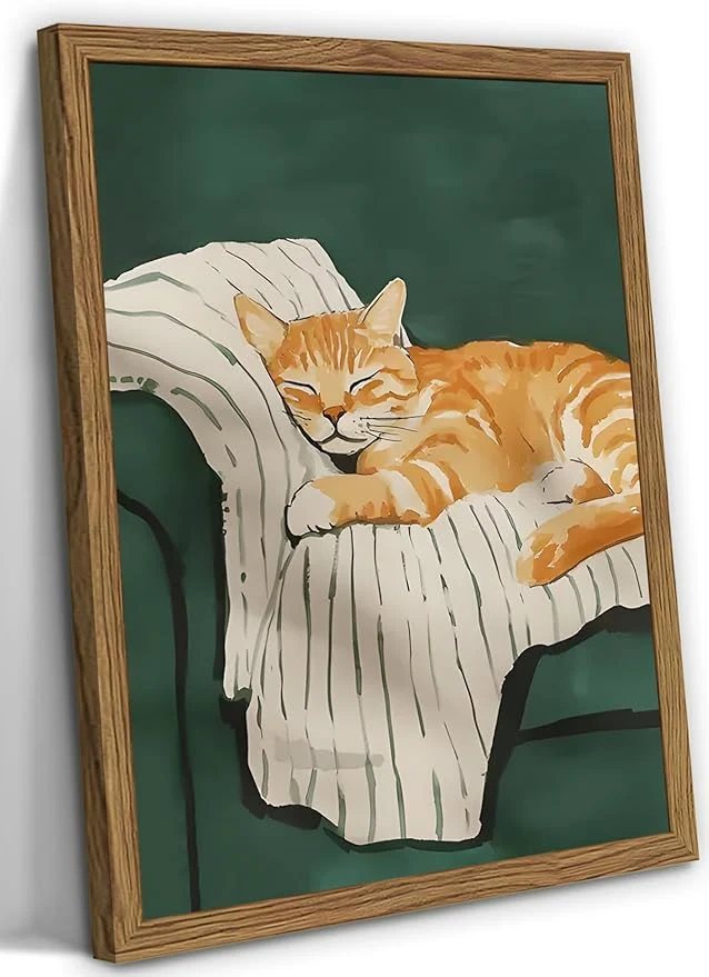 Long-Lasting Funny Cat Wall Art Cute Cat Sleeping on Couch Wall Decor Painting Orange Pet Kitty Portrait Pictures Prints Contemporary Animal Canvas Artwork for Bedroom Living Room 12x16 inch Wood FramedAbout This Selected