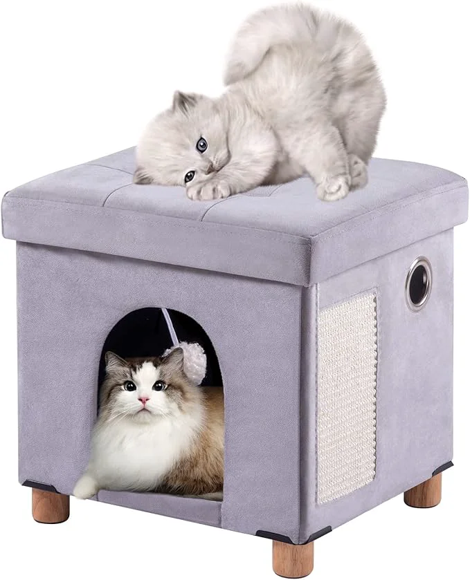 Advanced BRIAN DANY Foldable Cat House for Indoor Cats Large Cat Cube for Pet Cave with Scratch Board Ball 14.7 x 14.1 x 12.7 Light GrayAbout ThisOverview Superior
