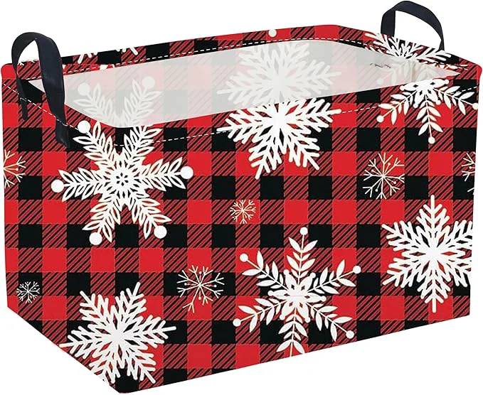 Unique Rectangular Christmas Baskets Snowflakes Basket Empty Waterproof PE Coating Cute Bins for Kids with Handles Gifts Baskets Books Bin. Red snowflakes About ThisOverview User-Friendly