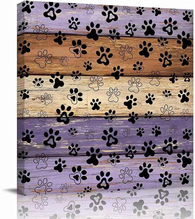Detailed Framed Canvas Wall Art for Living Room Dog Paw Print Wall Decor Retro Brown Purple Wood Grain Aesthetic Paintings for Bedroom Office Kitchen Bathroom Ready to Hang Artwork Wall Pictures 24x24 InchAbout This Elite
