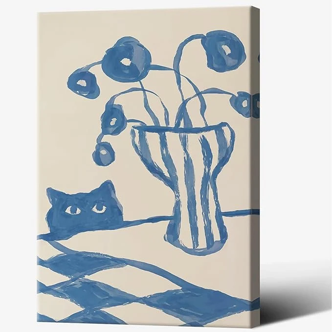 Convenient Funny Sneaky Cat Poster Scandi Animal Sketch Canvas Wall Art Blue Modern Abstract Flower Vase Aesthetic Prints Painting For Living Room Kitchen Dining Room Wall Decor 16x24in Wrapped CanvasAbout This Contemporary