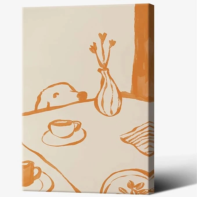 Comfortable Cute Sneaky Dog Kitchen Poster Scandi Breakfast Coffee Canvas Wall Art Whimsical Abstract Animal Sketch Aesthetic Prints Painting For Living Room Kitchen Dining Room Wall Decor 12x16in Wrapped CanvasAbout This Lightweight