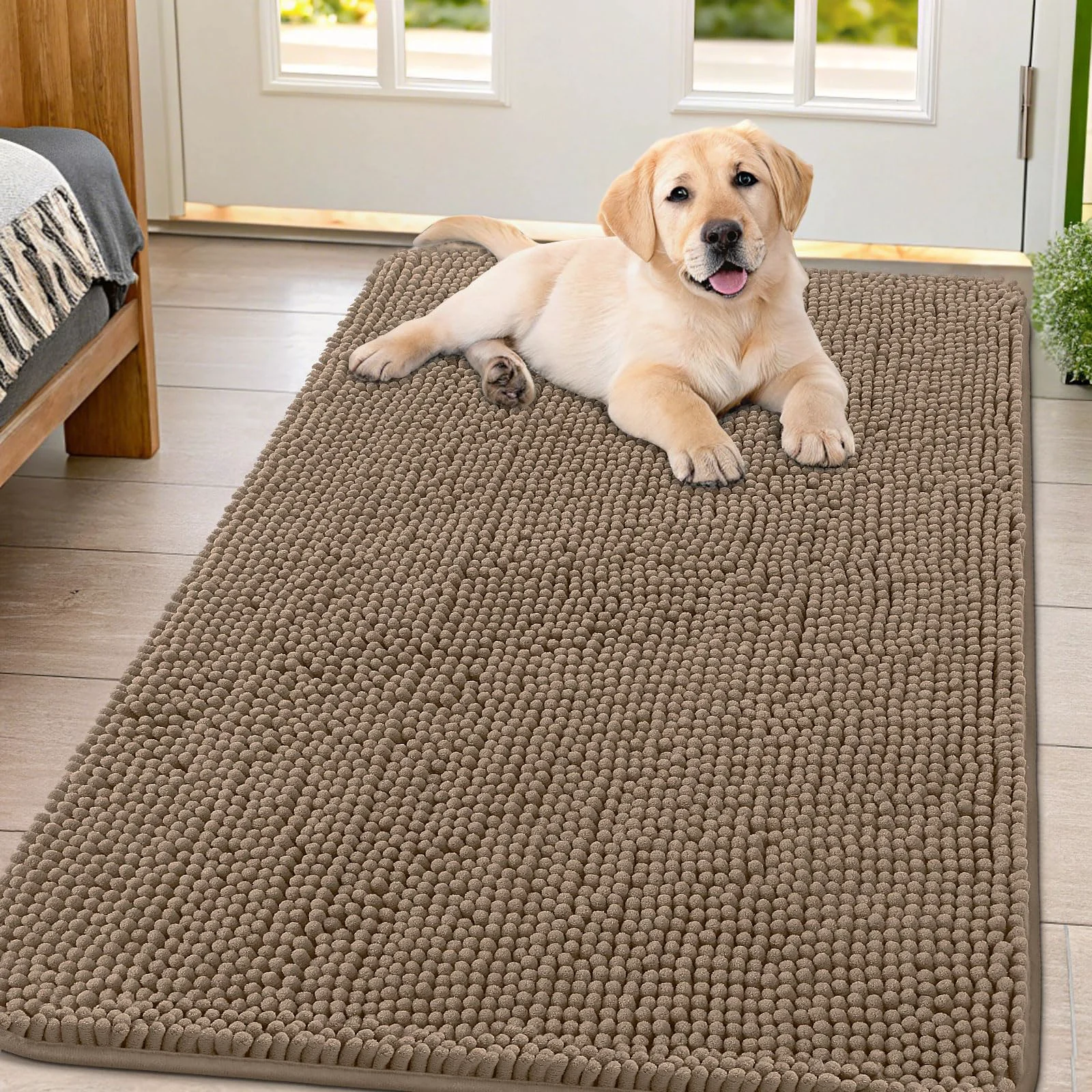 Top-Quality Smiry Dog Door Mat for Muddy Paws 47x32 – Absorbs Moisture and Dirt Non-Slip Washable Quick Dry – Camel Fast