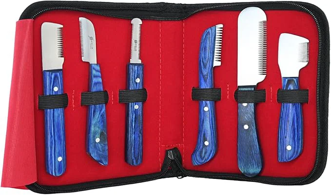 Trendy Dog Grooming Stripping Knife Set – 6-Piece Stainless Steel Hand Stripping Tools with Wooden Handles – Coarse Medium Fine Extra-Fine Knives for Dogs Cats Wire-Coated Pets Blue About ThisOverview Selected