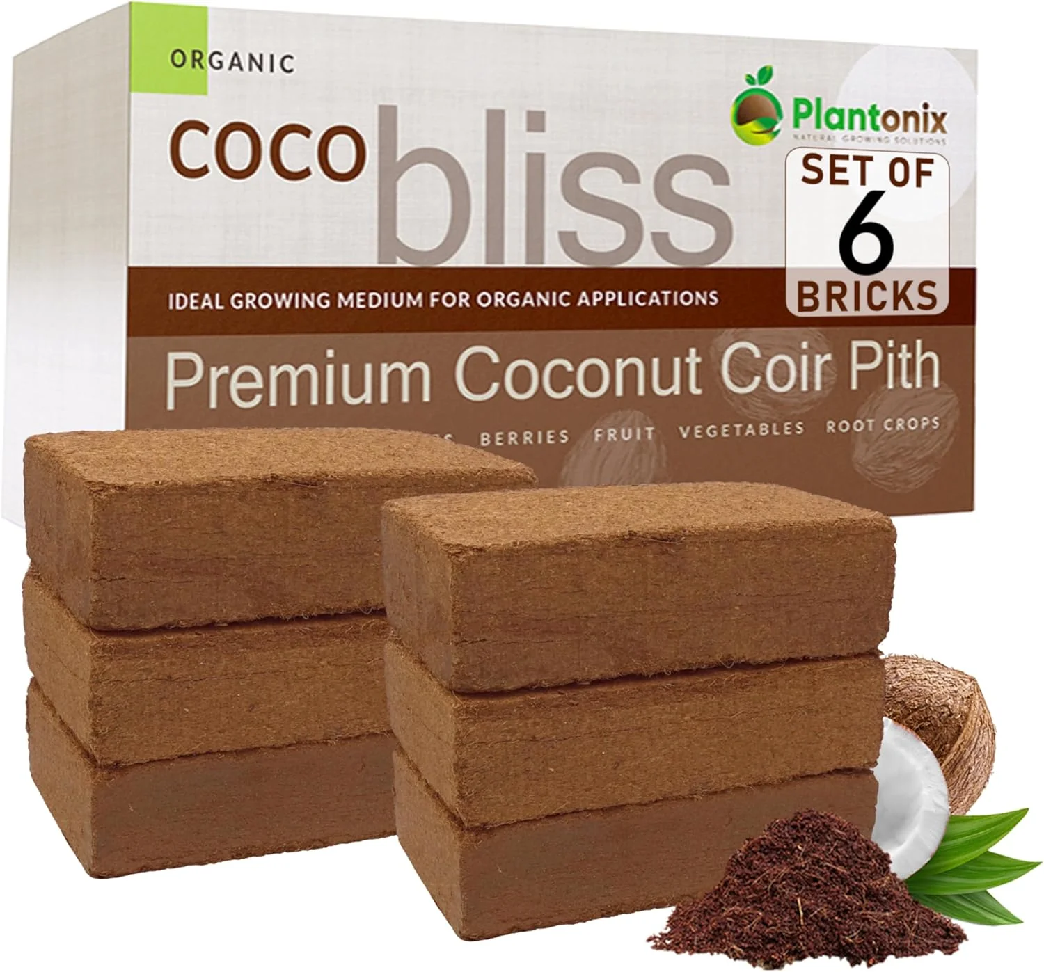 Unique Coco Bliss 650gm Bricks 6-Pack - Organic Coco Coir for Plants - OMRI-Listed Coco Coir for Garden Soil Potting Mixes - Coconut Fiber Mixes with Potting Soil for Indoor Plants Outdoor Plants Premium Material