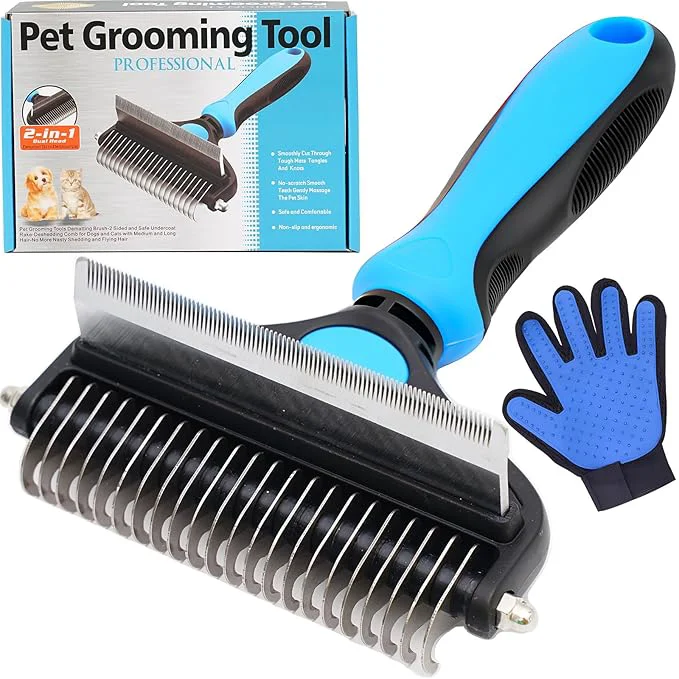 Excellent Dog Brush for Shedding 2-in-1 with Grooming Glove - Undercoat Rake Shedding Tool for Long Short Hair Dogs Flea Comb Hair Removal Brush for Gentle Massage L Fine