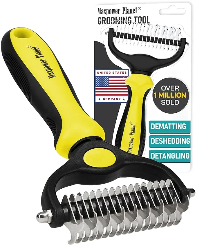 Casual Maxpower Planet Pet Grooming Brush - Double Sided Shedding Dematting Undercoat Rake for Dogs and Cats - Extra Wide Dog Grooming Brush - Yellow Advanced