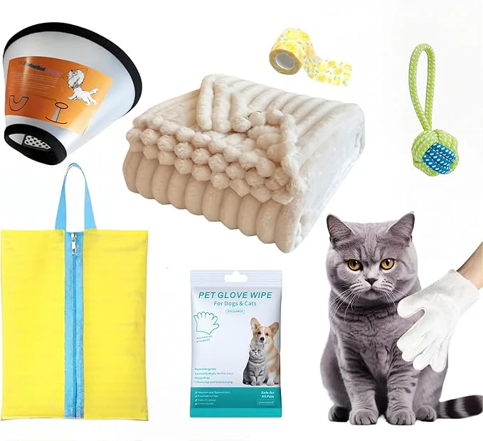 High-Quality 6 Pcs Surgery Recovery Kit for Dogs Cats –Adjustable Dog Cone Fluffy Dog Blanket 27''x39'' – Get Well Soon – Cleaning Wipes Calming Toy Bandages Mesh Bag – Sympathy Gift for Pet yellow-S About This Soft