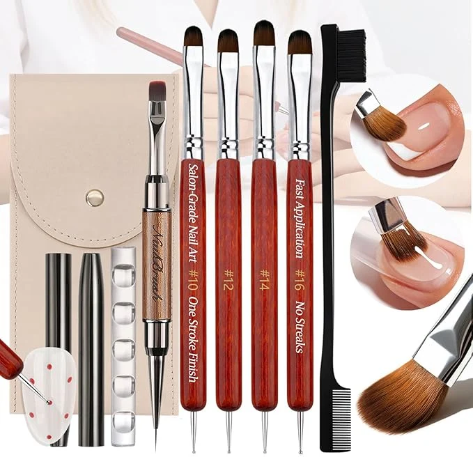 Responsible Gel Nail Art Brushes Set 7Pcs Dense French Tip Brush With Liner Dotting Pen - Manicure Tools For Acrylic Builder Gel Polish Application Clean Up Designs - Salon Home DIY Nail Artist Elite